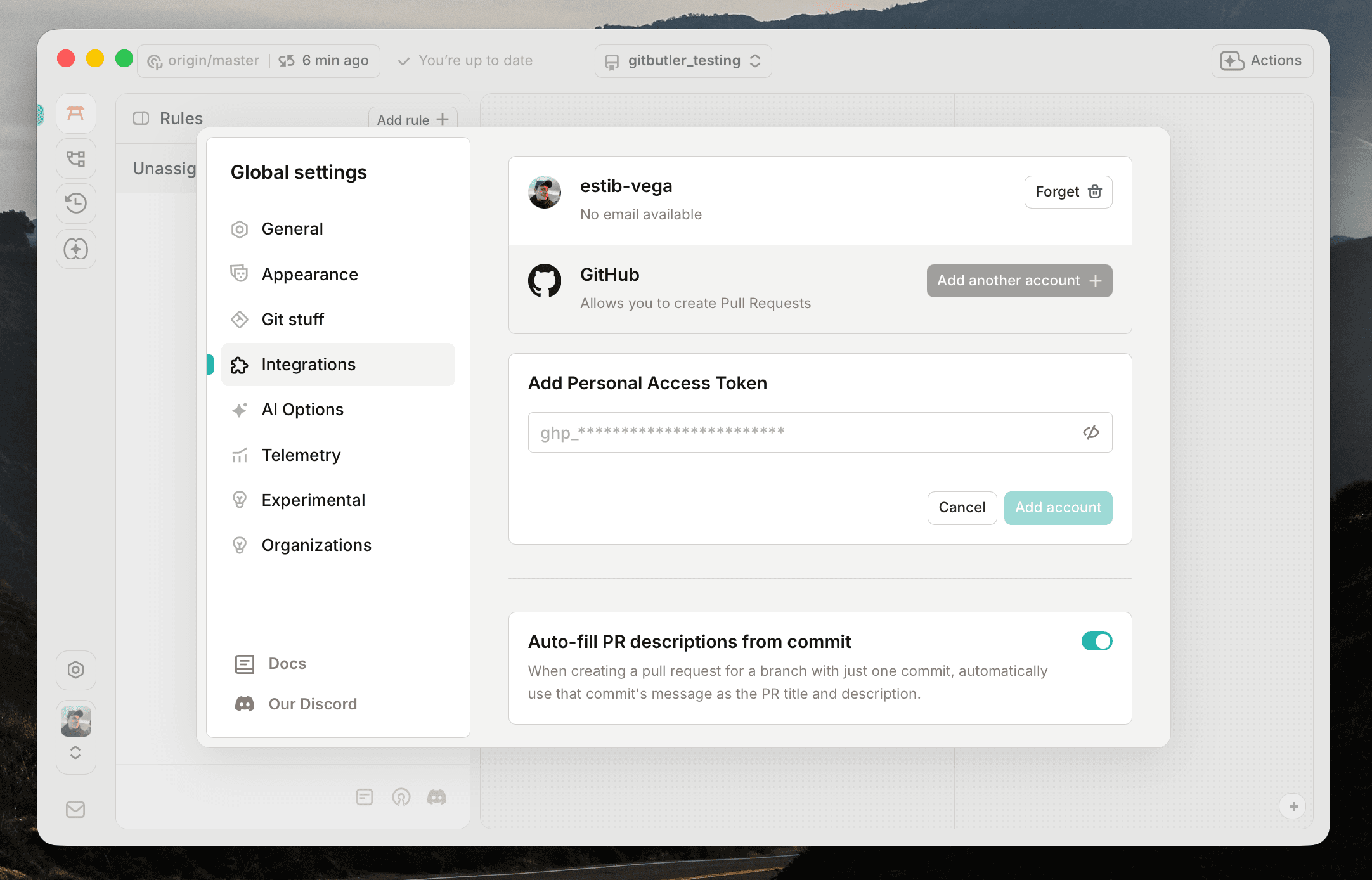 Add a GitHub account via Personal Access Token